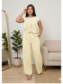 Conjunto Feminino Alfaiataria Colete e Calça Pantalona Elegante Casual Chic Moderno  Casual  elegante  Conservador / modesto  Festa    Tecido    Botões na frente  Cintura franzida    Conjunto Social Feminina  Escritório  Festa do chá de bebê  Formal e Noturno  Férias  Casa    verão, primavera e outono - Amarelo - Visão 7