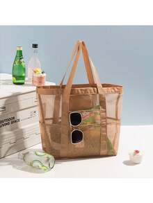 Large Capacity Brown Mesh Beach Bag, Tote Bag With Pockets, Anti-Sand Beach Bag, Lightweight Mesh Multi-Pocket Beach Handbag, Suitable For Women Daily Shopping And Summer Vacation - Multicolor - View 9