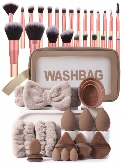 Bộ dụng cụ trang điểm 42 món bao gồm: Bộ 25 cọ trang điểm + 1 túi đựng mỹ phẩm và đồ dùng cá nhân đa năng có khóa kéo chống thấm nước + 1 băng đô cài tóc + 2 dây đeo chậu rửa tay + 1 dụng cụ vệ sinh cọ trang điểm + 3 bông mút trang điểm + 3 bông phấn tam giác + 3 bông mút trang điểm mini + 3 bông phấn phủ mini, tất cả trong một và thân thiện với người mới bắt đầu | Sẵn sàng mang theo du lịch và làm quà tặng | Hoàn hảo cho người mới bắt đầu/phụ nữ.