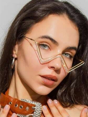 1Pc V-Shaped  Rhinestone Eyeglass Frame No Lens Decorative Glasses Frame Luxury Stylish Accessories For Party Streetwear Daily Outfit