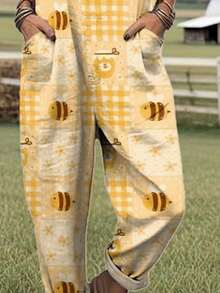 Plaid Collage Bee Print Women's Adjustable Strap Overalls, Polyester Fabric, Lightweight & Breathable, Women's Clothing, Regular Women's Clothing, Women's Jumpsuits & Rompers, Women's Jumpsuit, Women's Plus Size Jumpsuit - 彩色 - 查看 3