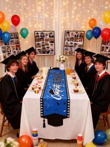 1件蓝色毕业典礼桌旗，祝贺毕业主题桌布，印有毕业帽图案，尺寸180*35厘米，涤纶材质，毕业派对装饰，毕业庆祝用品，2026届毕业季装饰，厨房装饰，桌面装饰，毕业礼物，毕业摄影道具 - 藍色 - 查看 2