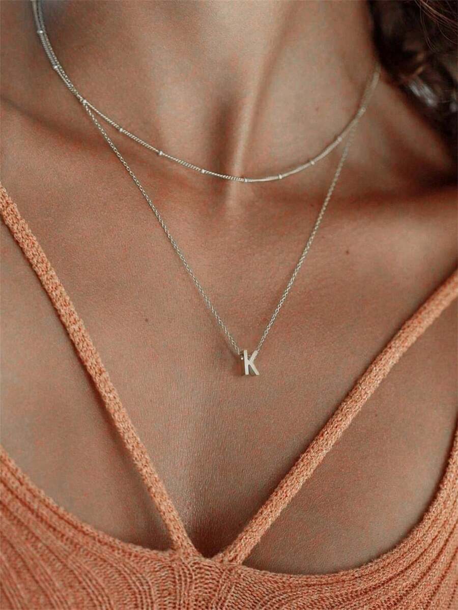 2pcs Minimalist Stainless Steel 26 Initial Letter Pendant Necklace Set, Suitable As Birthday, Surprise, Anniversary Gift For Girlfriend, Wife, Mother, Family And Friends, Popular Among Young Women - Multicolor - View 1