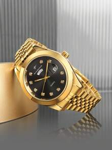 RICECGO Luxury Texture Men's Wristwatch, Exquisite Gold Strap, Rhinestone Dial With Dual Calendar Display, High-End Business Meeting Accessory - Gold - View 3