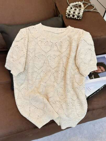 Plus Size Casual Hollow Out Short Sleeve Knit Sweater Top