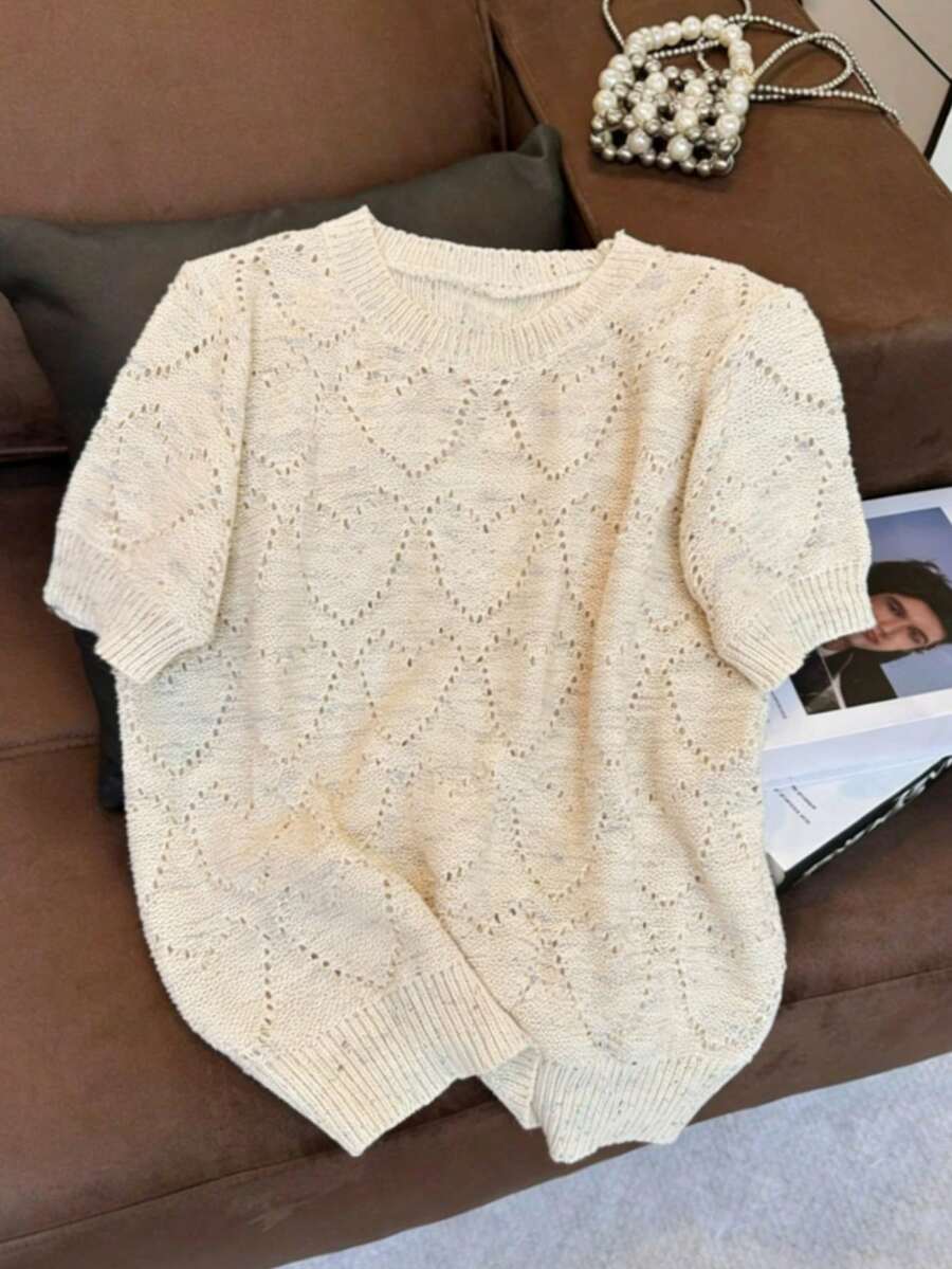 Plus Size Casual Hollow Out Short Sleeve Knit Sweater Top Summer - Apricot - View 1