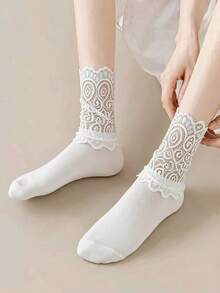 1 par de calcetines de media caña para mujer de unicolor con parches de encaje, estilo retro, suaves y cómodos - Blanco - Ver 6