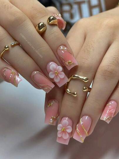 24Pcs/Set Square Press On Nails, Nude Pink Gradient Vertical Stripe Fake Nails, 3D Flower Gold Line Pearl Rhinestone Design Artificial Nail Tips For Women Girls, Coquette Elegant Spring Summer Daily Wedding Party Wear, Reusable With Tool Kit, Great Gift For Ladies Nail Supplies
