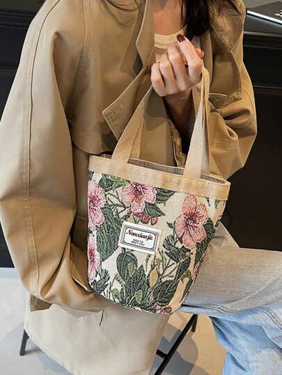 印花帆布手提/单肩包，配花卉钥匙扣，轻便水桶包，便携式收纳包，通勤包，印花帆布包，女士化妆包，大容量学生手提包，多功能手提包，刺绣花卉单肩包，化妆包，适合办公室、学校、旅行，妈妈上学/通勤包，购物单肩包，超市手提包，母亲节礼物