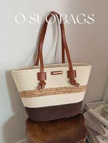 Túi tote dệt ghép mảnh thời trang mùa hè, dung tích lớn, túi đeo vai/túi xách tay đi biển mới, túi tote dệt rơm đa năng dùng đi làm. - Cà phê - Xem 2