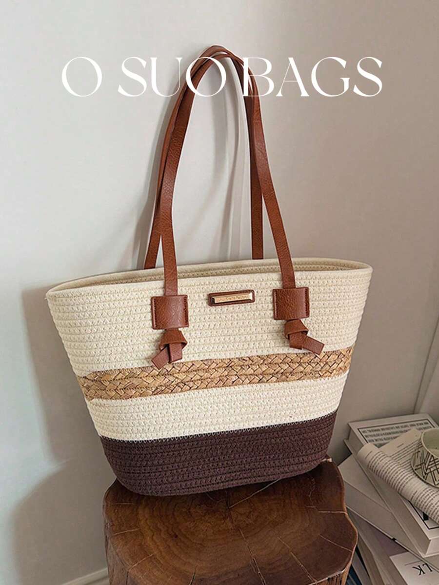 Túi tote dệt ghép mảnh thời trang mùa hè, dung tích lớn, túi đeo vai/túi xách tay đi biển mới, túi tote dệt rơm đa năng dùng đi làm.
