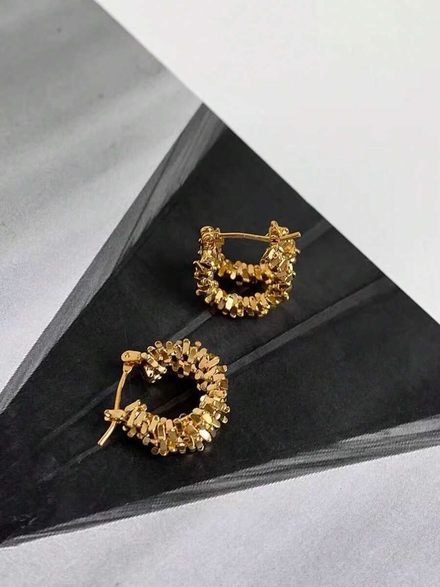 1对简约双层奢华时尚独特个性金属设计耳环（女士款） - 金黃色 - 查看 1