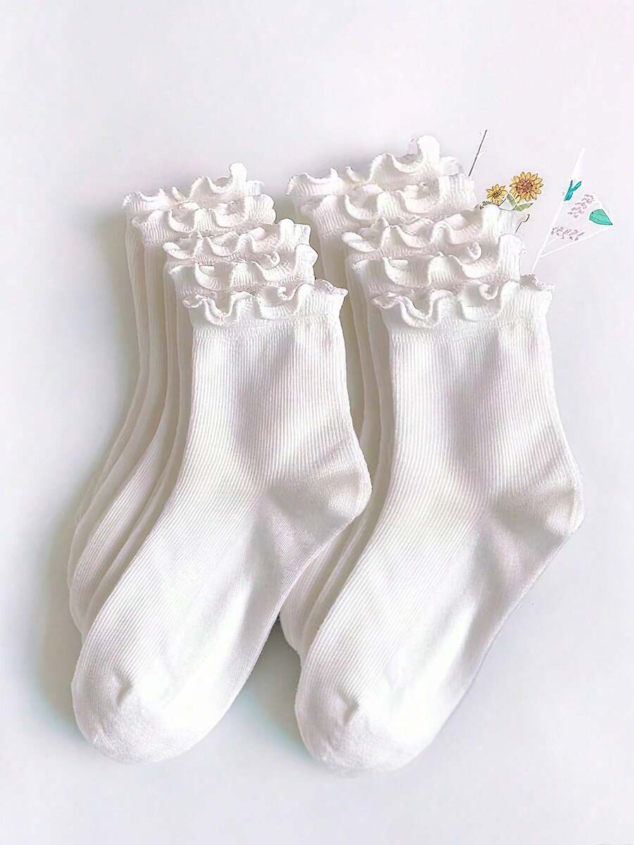 1/3/6 Pairs Japanese Style Lace Trim Socks, Cute & Fresh Lace Decorated Ankle Socks, White Lace Trim Casual Mid-Calf Socks For Women - Multicolor - View 1