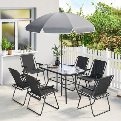 Outsunny 8 Piece Patio Table And Chairs Set, Outdoor Dining Set For 6 With Folding Chairs, Tempered Glass Tabletop And Umbrella For Garden, Black