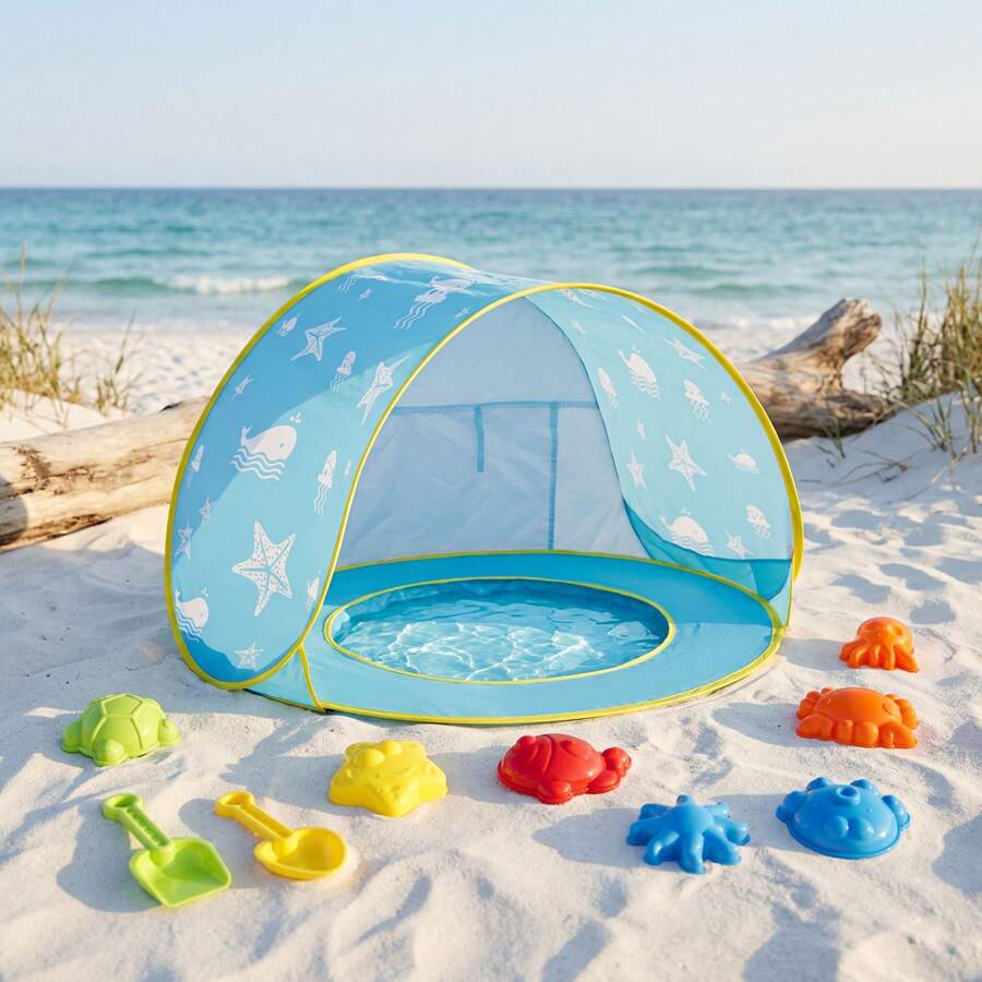 Pop-Up Baby Beach Tent | Portable Sun Shade With Beach Sand Toys And UPF 50+ Protection For Baby, Indoor & Outdoor Use With Easy Set Up Canopy - Mint Blue - View 1