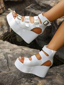 Giày sandal đế cao kiểu La Mã màu trắng mới, kiểu dáng mùa hè, đế dày, trang trí khóa kim loại cổ điển, thiết kế cổ cao khoét rỗng với khóa kéo phía sau, thời trang, đế chống thấm nước, nhẹ, phù hợp với nhiều trang phục. - trắng - Xem 4