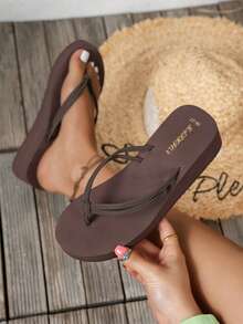 4cm Coffee Brown Wedge Thong Sandals, Solid Color Fashion Knotted Outdoor Beach Holiday Slippers For Women, Spring/Summer, Gift For Her - Coffee Brown - View 4