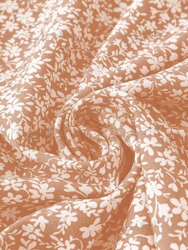 Vestido de verano de estilo coreano holgado con cuello con volantes y estampado floral diminuto de gasa para mujer de talla grande, elegante rosa para vacaciones - Rosa - Añade 3