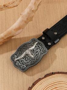 1pc Versatile Western Cowboy, Bull Head Embossed, Unisex Casual, Boho, PU Leather, Rivet Decor, Durable, Fashion, Everyday, Youth, Stylish, Suitable For Valentine's Day, Gift, Partner, Outdoor, Back To School, Girls, Boys, Halloween, Christmas, All Season Unisex Belt 6AL8 - Nâu 2 - Xem 4