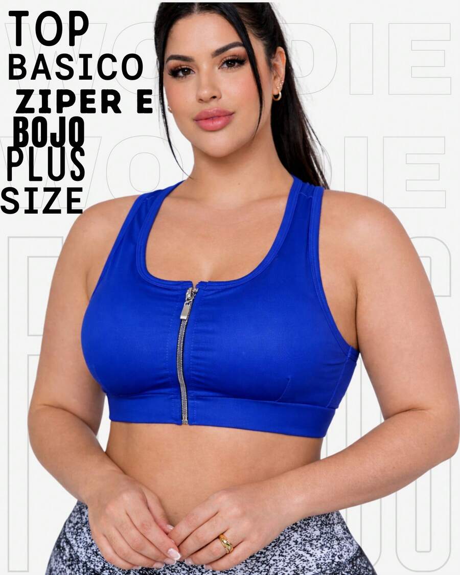 WOLFOC Women's Plus Size Cropped Fitness Top With Zipper And Removable Pads In Suplex Polyester - Royal Blue - View 1