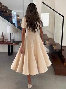 2pcs Elegant & Casual Minimalist Commute Office Daily Wear Dresses Set For Women, Spring/Summer - Champagne - View 3