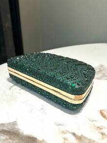 1个海军蓝水钻装饰手拿包，适合宴会、婚礼、晚宴、正式场合 - 优雅女士手提包、正式礼服钱包、时尚小钱包、单肩链条包 - 綠色 - 查看 6