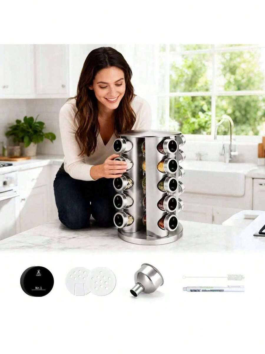 SAEIV Spice Carousel With 20 Spice Jars, 360° Rotating Spice Rack, Spice Turntable Storage Unit, Spice Organizer, Stainless Steel Construction, Silver Finish