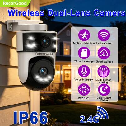 1pc Wireless Dual-Lens Camera, Outdoor PTZ Security Camera, Supports 2.4G WiFi, Two-Way Display, Auto Tracking, Night Vision, Two-Way Audio And Motion Detection, Suitable For Home, Yard, Balcony, Outdoor Security Monitoring, Great Gift Choice For Halloween, Christmas, New Year
