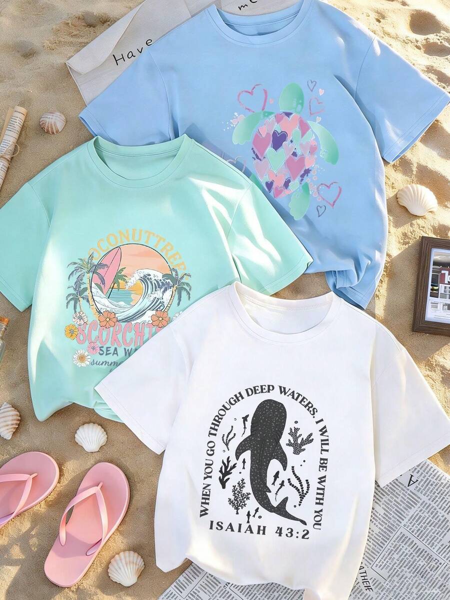 3 pièces Ensemble de t-shirts à manches courtes avec vague de plage et imprimé tortue pour préadolescentes, convient pour les hauts d'été des jeunes étudiantes - Multicolore - Voir 1