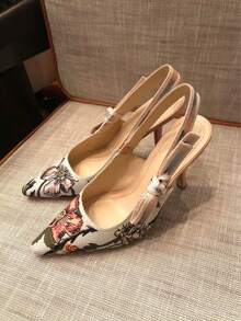 Pointed, Toe-Covered Sandals With Cat Heel – Open Back, Casual And Universally Combinable - Embroidered Pink (9CM) - View 2