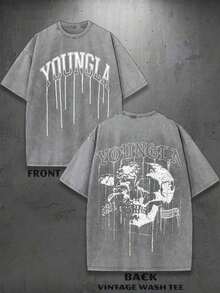 1PC Y2K Vintage Washed-Shirt |   Men's Graphic Tee |   YLA Dripping Skull Design Pattern |   Gifts Men Or Boyfriend |  % Cotton |   230Gsm Thickened Fabric |   Unisex - 灰色 - 查看 11