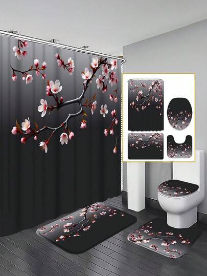 1/3/4 Sets Black Background Pink Sakura Flower Bathroom Shower Curtain Set; Elegant Minimalist Design, Waterproof And Durable, Suitable For Bathroom Decor And Accessories. Size: 71x71 Inches, Includes 12 Hooks, Toilet Seat Cover, Bath Mat And Rug
