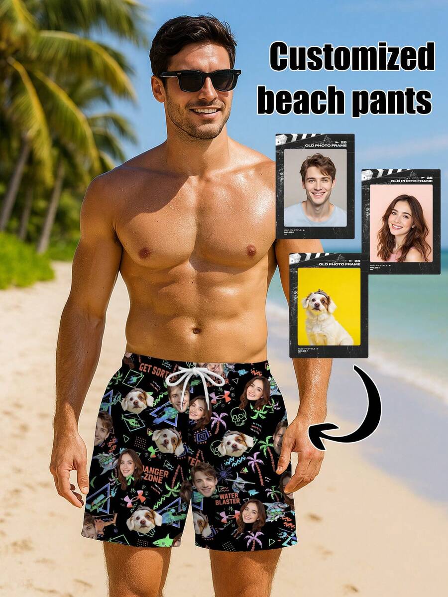 Custom Men's Beach Shorts, Sexy Customized Couple Portraits, Family Members, Pets, Cartoon Patterns, Suitable For Vacation Parties, Fun Beach Shorts - Multicolor - View 1