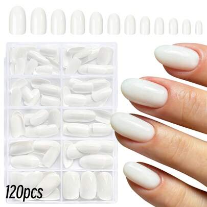 120Pcs White Press On Nails Short Almond False Nails Simple And Classic Elegance White Fake Nails,10sizes Full Cover Detachable Reusable Daily Fingernails Decorations Nail Art Supplies For Salon & Home DIY
