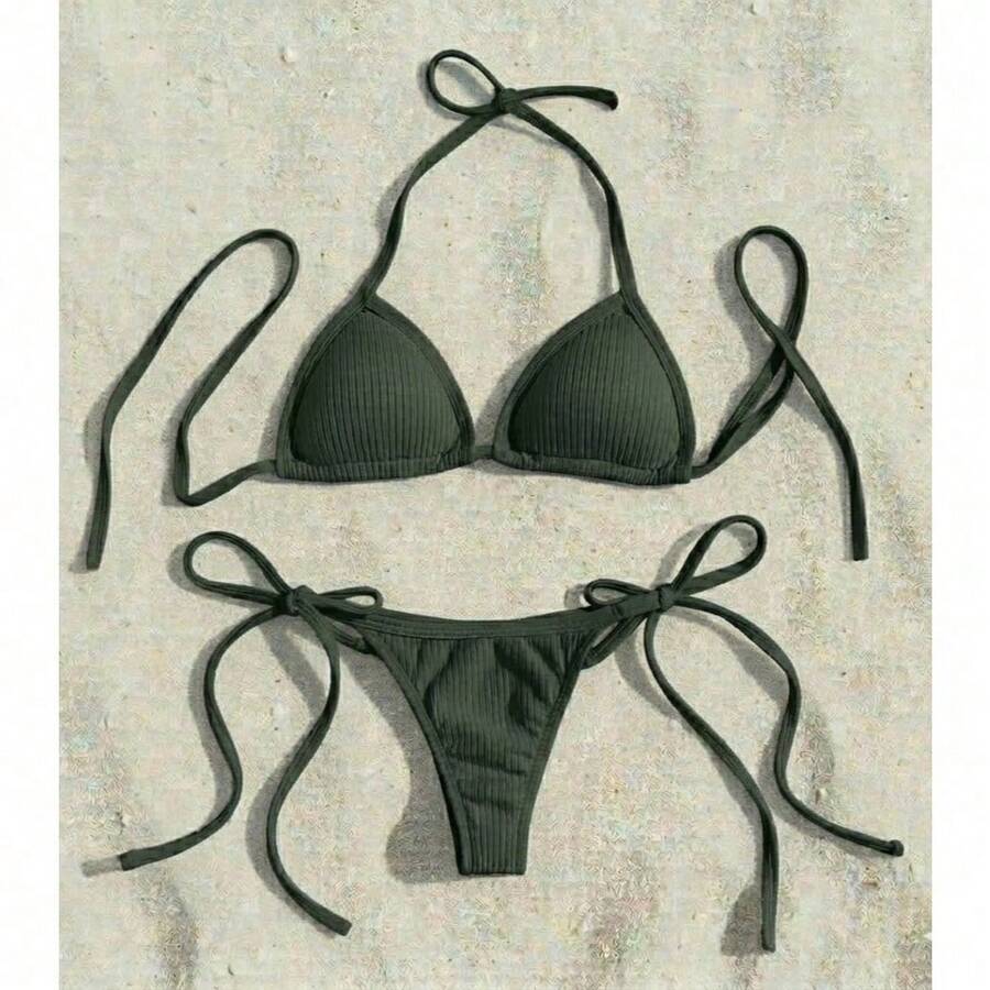 Women's Ribbed Comfort Premium Bikini - Top + Thong Bottom - No Padding - Army Green - View 1