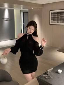 Popular Online Influencer Style, New Sun Protection Lightweight Long-Sleeved Shawl, Sweet Halter Neck, Slim Waist, Bodycon Dress Two-Piece Set - Black - View 1