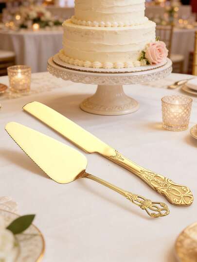 半套不锈钢蛋糕切割工具，包括蛋糕铲和蛋糕刀，复古压纹设计，另含披萨铲和面包刀，适合下午茶、甜品店、婚礼、生日、周年纪念日、父亲节、母亲节、返校礼物等场合。