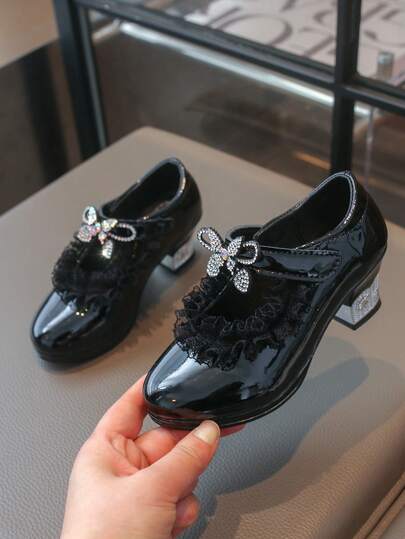 1 Pair Girls' Sweet Iridescent Crystal Bow Mary Jane Shoes, Soft Non-Slip Buckle Closure Princess Shoes, Fashionable Versatile Low Heel Black Leather Flats, Children's Classic Breathable Dress Shoes, Suitable For Daily Wear, Parties And Outdoor Activities