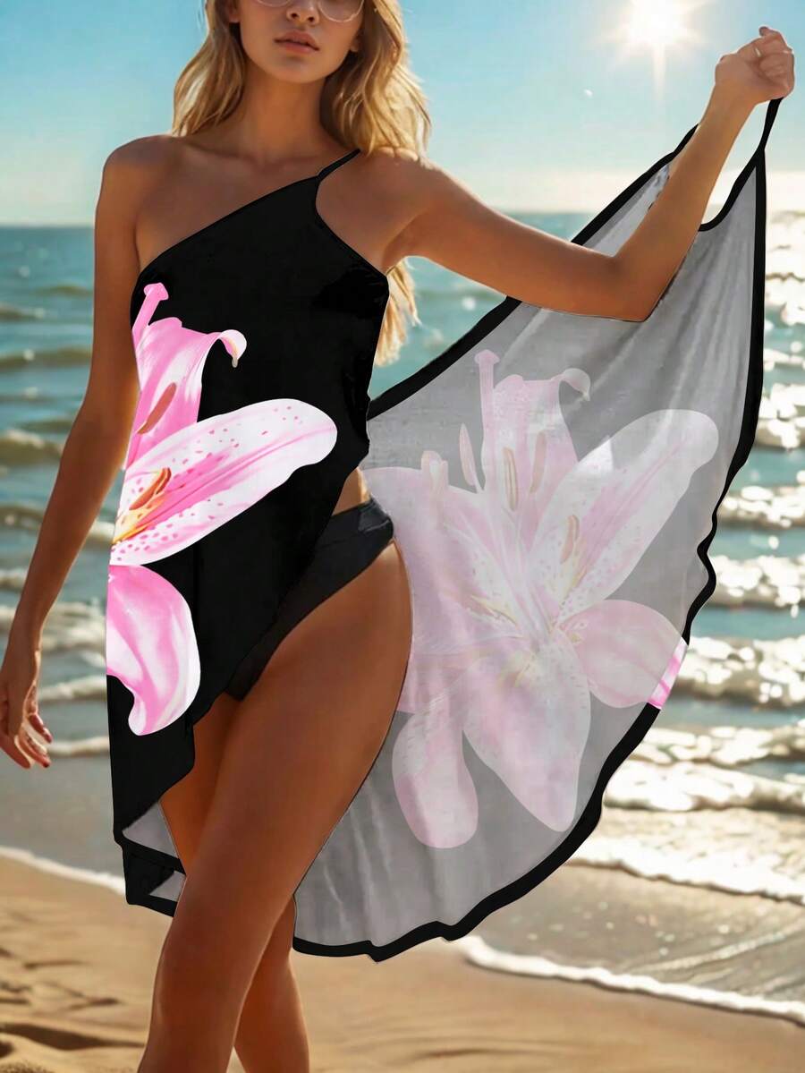 Women's Floral Print Beach Cover Up, Casual Wrap Dress For Summer Vacation Pink - Pink - View 1