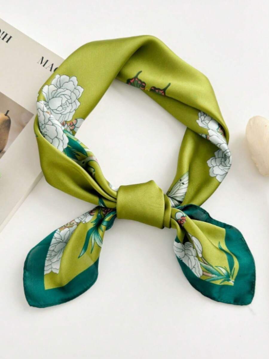 Pañuelo de seda sintética con estampado floral de primavera y verano, accesorio decorativo versátil de moda coreana para el cuello, diadema, playa, vacaciones, viajes esenciales - Multicolor - Ver 1