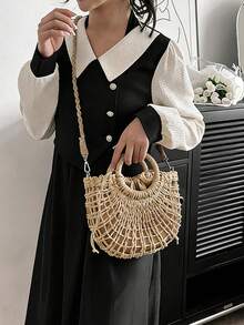 1pc Half-Moon Hollow Out Handbag, Fashionable Beach Vacation Straw Woven Bag,Vacation Bag For Summer, Perfect For Beach Vacation, Travel, Shopping, And Vacation Essentials, Eye-Catching Beach Bag Summer, Summer Straw Beach Bag For Women, Hottest Beach Bags For Women, Fashion Summer Vacation Bag, Beach Essentials Women Bags For Vacation & Holiday, Newest Holiday Bag ,Vacation Essentials , Beach Bag, Vacation, Woven Bag, Straw Bag - Màu Khaki - Xem 5