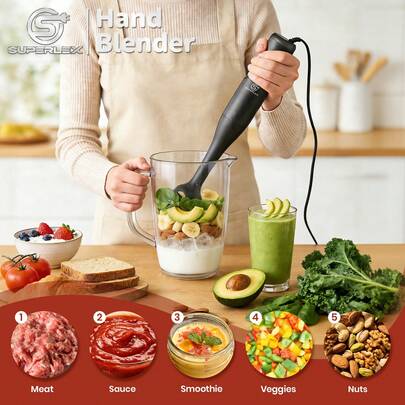 SUPERLEX Electric Blender 600W, Dual-Speed Fast Handheld Beverage Blender Stainless Steel Egg Beater, Kitchen Turbine Mode Electric Blender Salad Juice, Portable Coffee Milk Latte Frother, Suitable For Blending Eggs, Smoothies, Soups