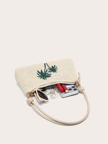 女士方形草编单肩腋下包，可替换PU棉绳肩带，大容量，轻便，休闲时尚棕榈树海滩度假风，适合购物和度假 - 杏色 - 查看 4