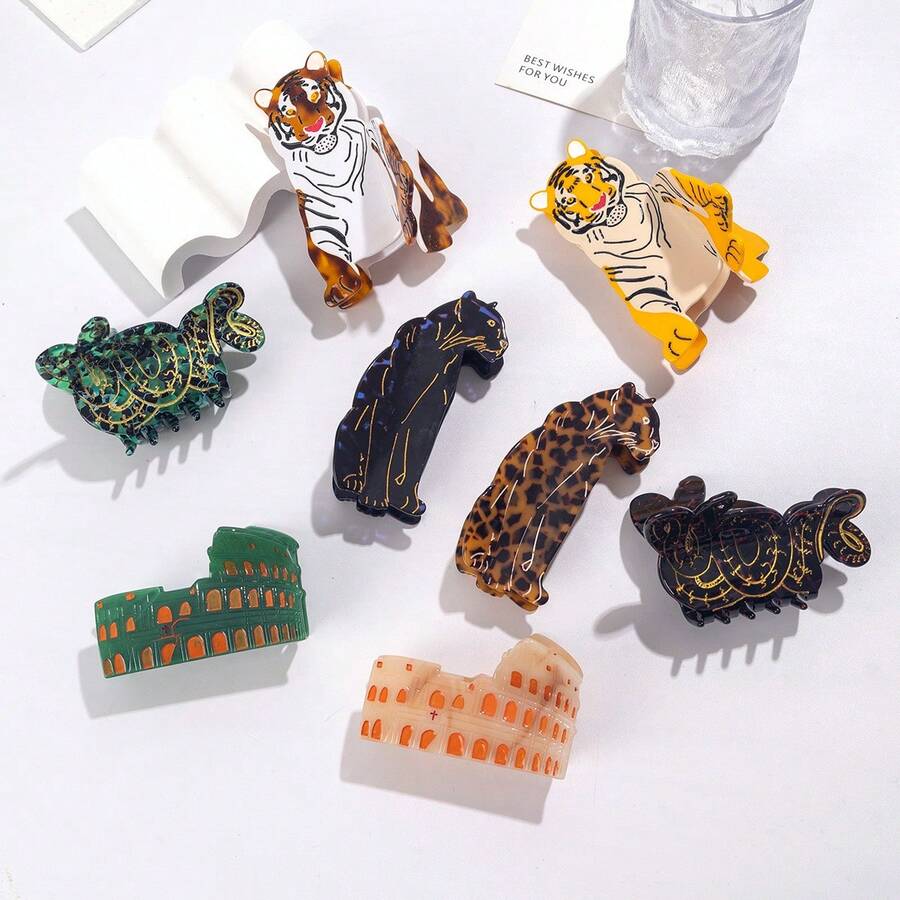 Fashionable New Acetate Animal Tiger, Kangaroo, Dinosaur, Leopard Hair Clips, Creative Niche Design Claw Ponytail Clips, Beautiful Gift,Summer,Holiday,Travel Summer Hair Accessories Beach Claw Clips Vacay Hair Claws,Festival,Birthday - Multicolor - View 1