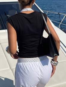 女士Y2K风格黑色波点叠层吊带V领修身短袖T恤，夏季街头风 - 黑色 - 查看 6