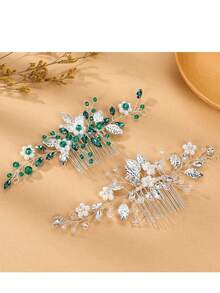Bridal Flower Hair Comb Accessories, European Style Silver Leaf Hair Clip Headpiece - Green Hair Comb - View 2