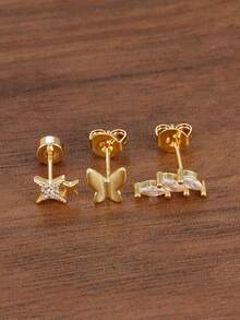 3件套时尚闪亮星星锆石耳钉套装，女士18K镀金蝴蝶耳钉，优雅气质日常佩戴首饰礼品 - 3PCS-金 - 查看 4
