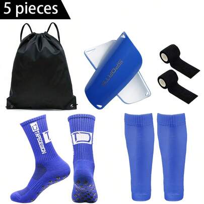 Juego de accesorios de entrenamiento de fútbol de 5 piezas - Calcetines de tenis transpirables, calcetines de baloncesto, calcetines de running, calcetines de fútbol para hombres y mujeres para deportes al aire libre + Mini escudo protector, protector de pierna anti-colisión + Funda elástica para calcetines, calcetines para pantorrilla + Bolsa de almacenamiento + Vendaje elástico autoadhesivo