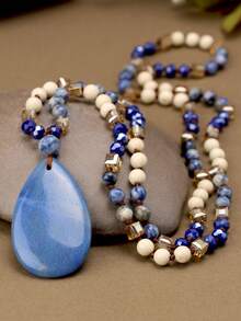 Yumfeel Collar largo con colgante de piedra natural Dongling azul en forma de lágrima, accesorio de estilo bohemio para viajes y vacaciones, cadena de suéter hecha a mano con cuentas anudadas, regalo para días festivos - Multicolor - Ver 3