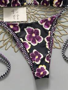 2 Stücke Retro Blumen Farbblock Karomuster Bikini Bademode, geeignet für Strand, Pool, Kreuzfahrt, Party im Frühling und Sommer Urlaub - Schwarzer Hintergrund mit lila Glockenblume - Übersicht 5